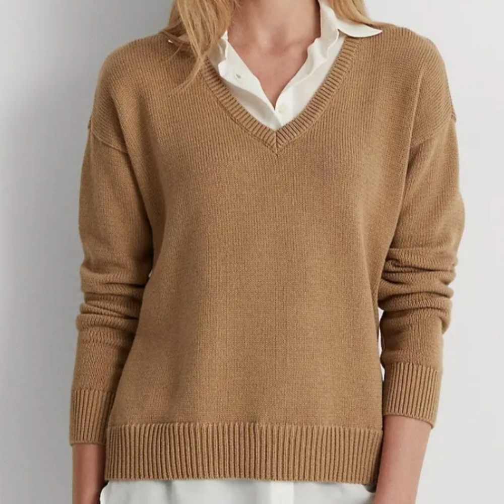 Ralph Lauren Camel V-Neck Wool Sweater